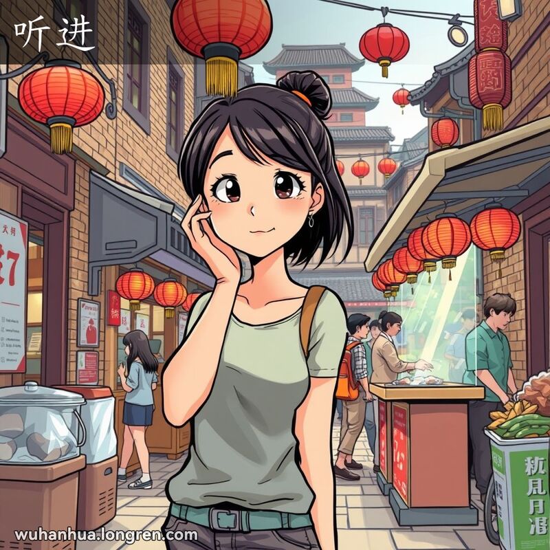 一位年轻女子在武汉街头小吃摊旁，手拢耳朵，表情专注地聆听，背景是繁忙的老街景象