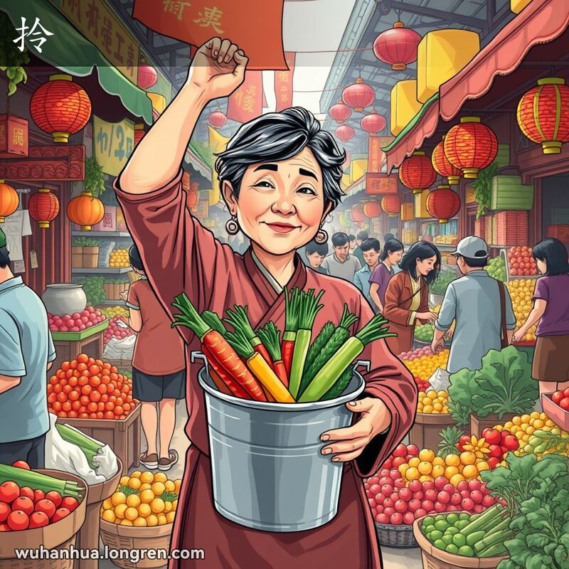 一位中年妇女在市场中垂手拿着一个装满蔬菜的铁桶，展示“拎”的动作，背景是热闹的市场景象。