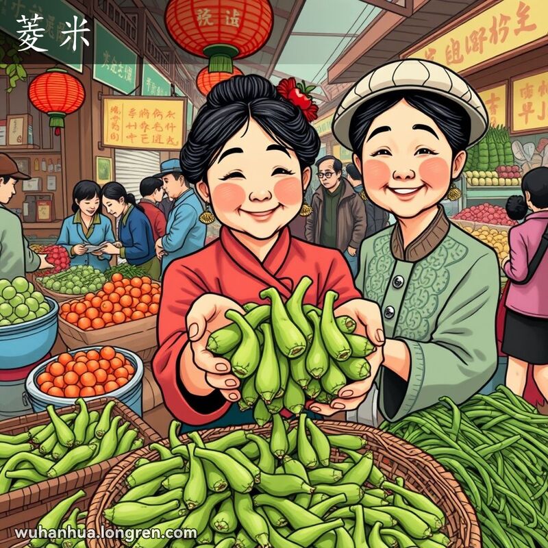 武汉传统市场中，一位妇女手持新鲜菱角，背景有其他摊位和顾客