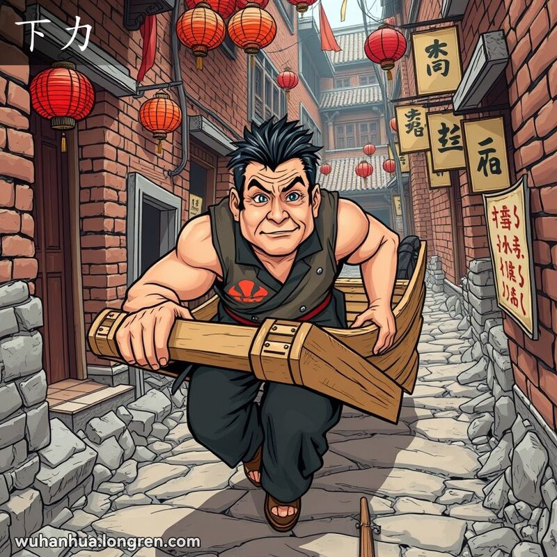一位男子在武汉老街推着沉重的木车上坡，表情专注，表现“下力”的含义