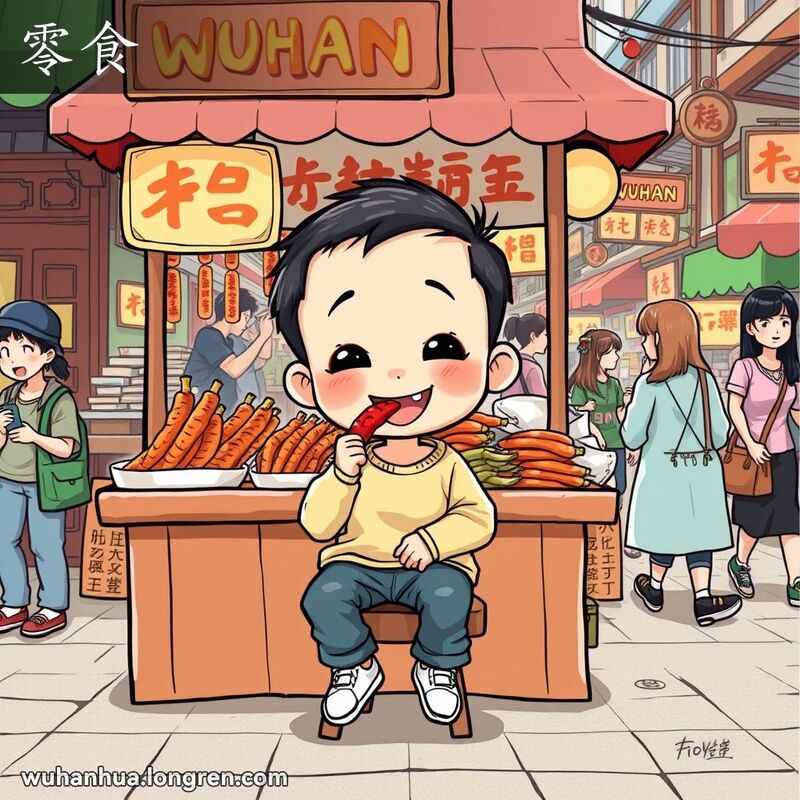 一位武汉小孩坐在街边小摊前，吃着麻辣串，背景是热闹的武汉街头市场