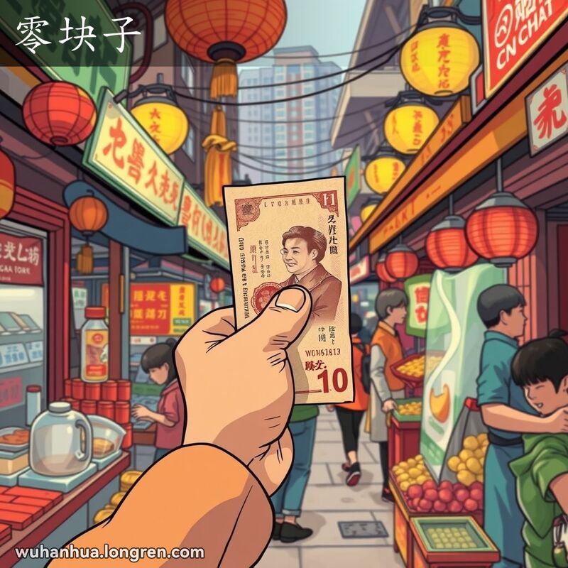武汉市民在市场中手持一元纸币，背景是热闹的市场摊位和摊贩