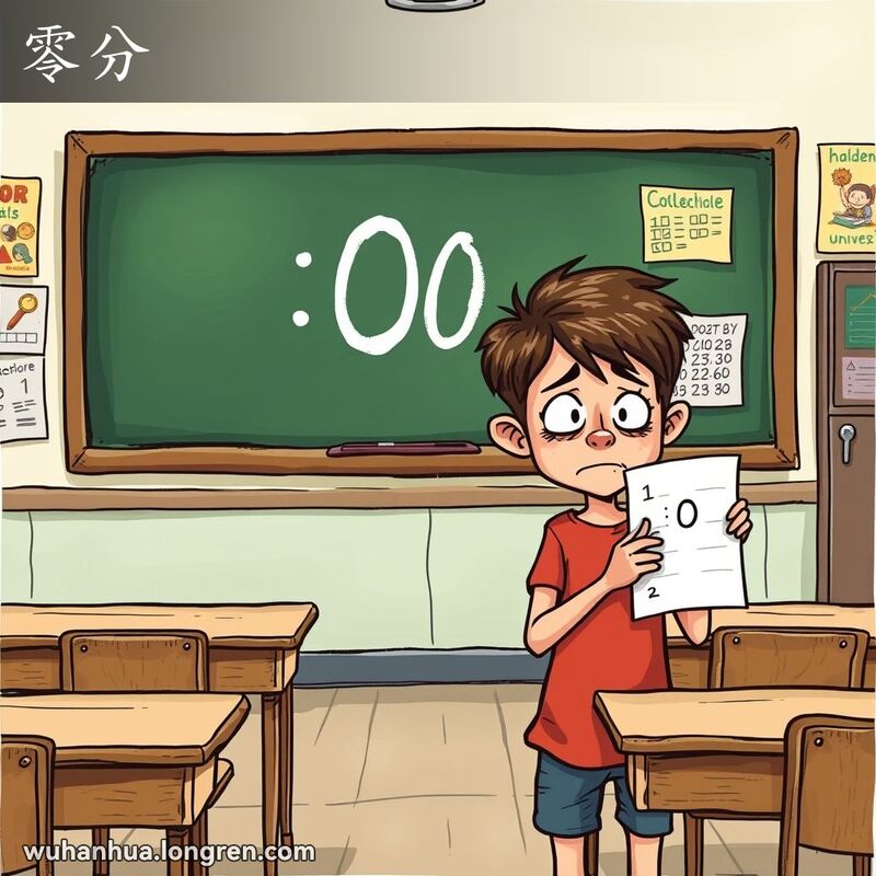 一个学生站在教室黑板前，黑板上写着零分，学生手拿试卷露出失望的表情，背景是教室场景