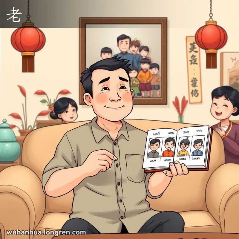 一个传统中国家庭聚会，长兄坐在沙发上，手持相册，指着家庭成员的照片，背景有红灯笼和书法挂轴
