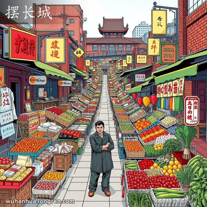 武汉街头市场，长长的摊位展示各种商品，摊主在整理商品，背景是武汉老街景