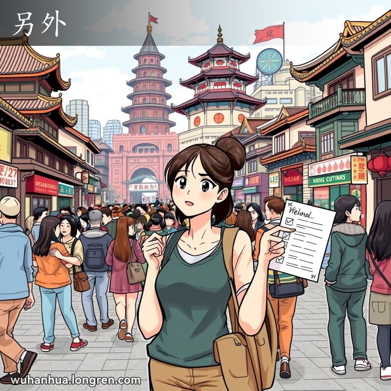 一位年轻女子在武汉街头手持清单，指向清单上的某一项，背景中朋友们交谈或指向不同方向，暗示有更多计划或话题，画面包括黄鹤楼和长江大桥。