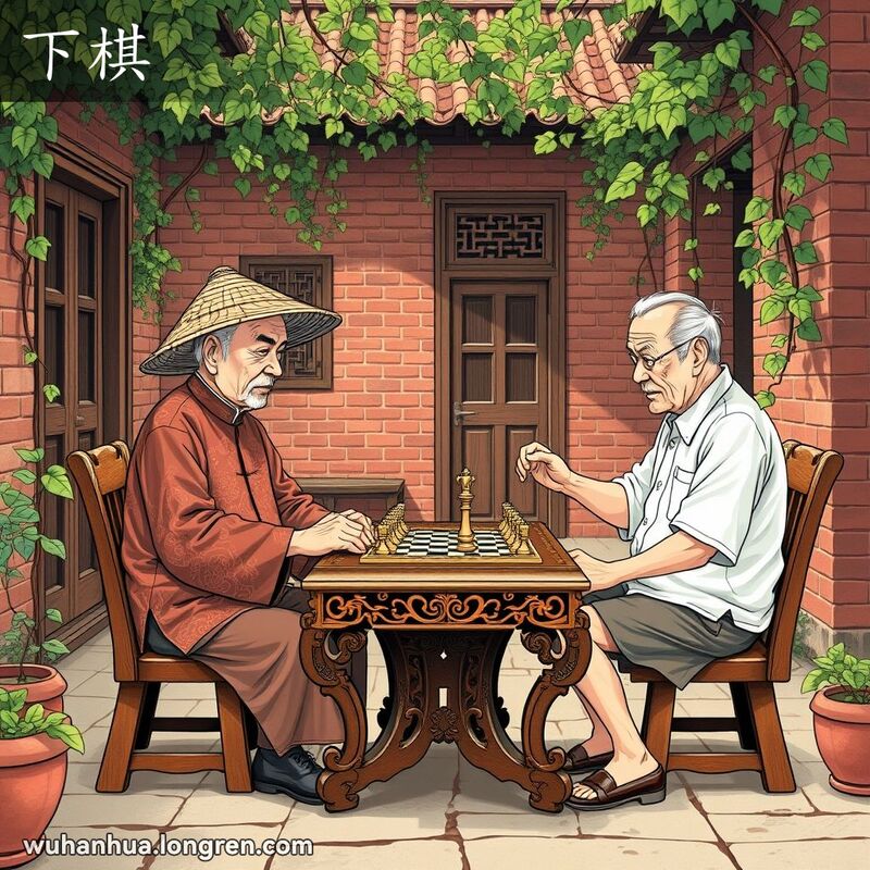 两位老人在武汉传统庭院中下象棋，表情专注，背景宁静，画面结合漫画和水墨画风格