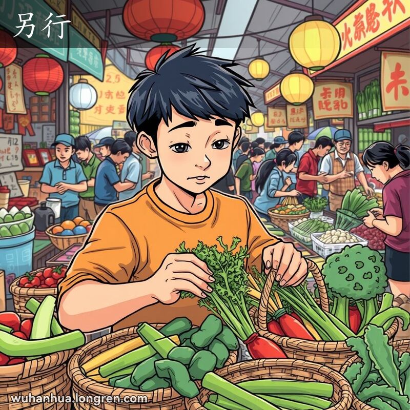 一位年轻人在武汉传统市场中仔细分类蔬菜，背景是热闹的市场景象