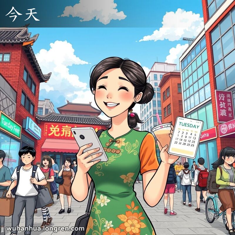 一位穿着传统服饰的年轻女子手持智能手机和泡沫奶茶，站在现代咖啡馆前，背景是武汉的街景，女子微笑着看着手机上的日历，今天的日期被突出显示。