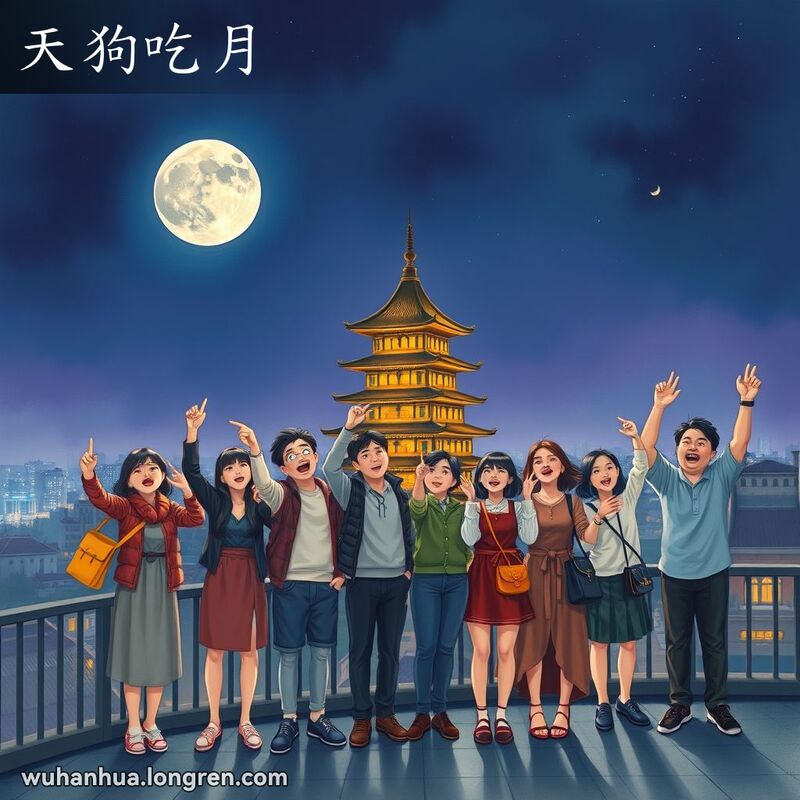 武汉市民在夜晚观赏月食现象，背景是黄鹤楼和城市灯光