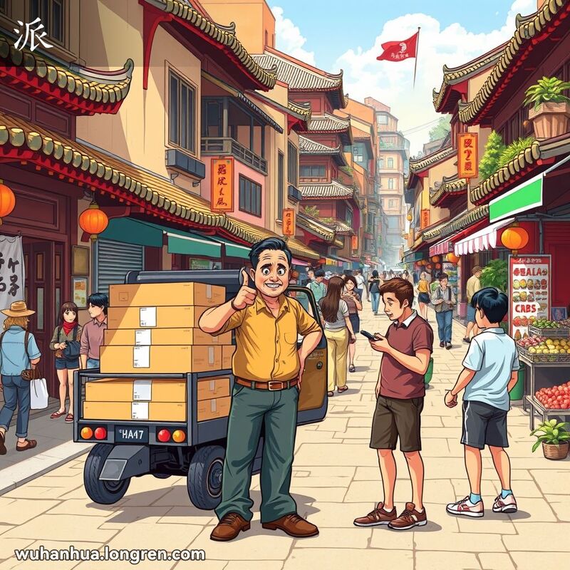 一位中年男子在武汉街头指挥年轻人搬运箱子，背景是繁忙的街道和摊贩。
