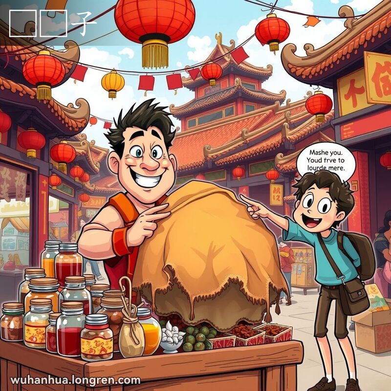 武汉市场中，摊贩用布盖住一个大物件，顾客好奇地指着它，摊贩以调皮的笑容暗示其特别之处。
