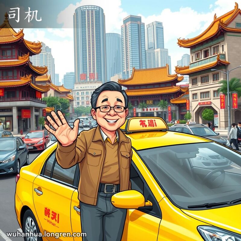一位友善的中年男子站在黄色出租车旁，微笑着向乘客挥手，背景是武汉的繁忙街道