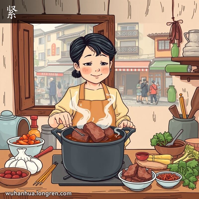 一位中年妇女在厨房中煮牛肉，表情专注，背景是武汉街景和厨房用品