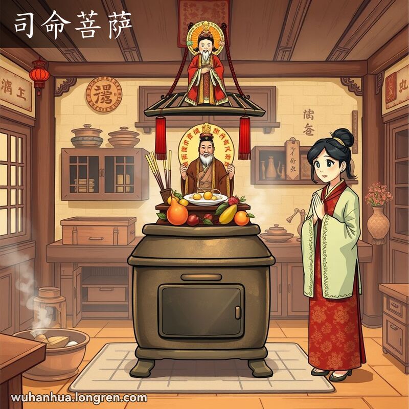 一个传统的武汉厨房，妇女在炉灶旁向灶王爷祈祷，背景有香火和供品