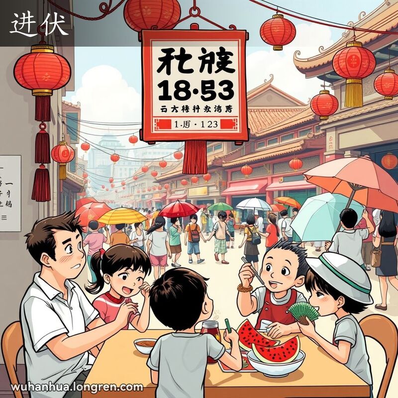 武汉市民在伏天开始的日子里，围坐在一起享用冷面和西瓜，背景是繁忙的武汉街道，人们手持扇子和遮阳伞