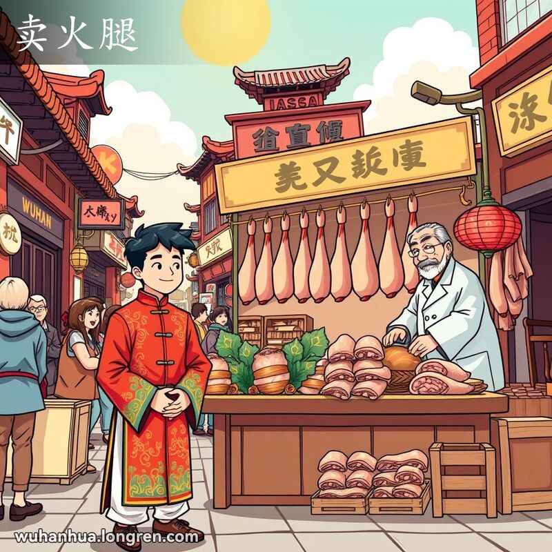 一位年轻男子在武汉街市腌制肉摊前鞠躬行礼，背景是传统的红砖墙和老式招牌