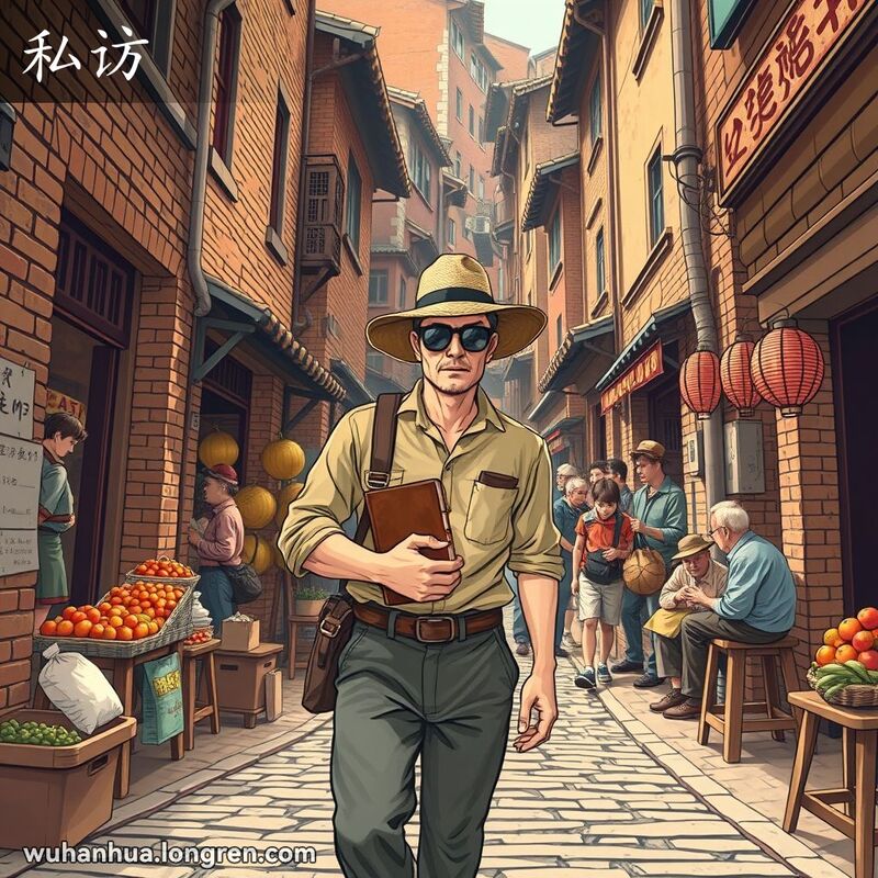 一位乔装打扮的官员在武汉老街巷中进行秘密调查，背景有当地居民的日常生活景象