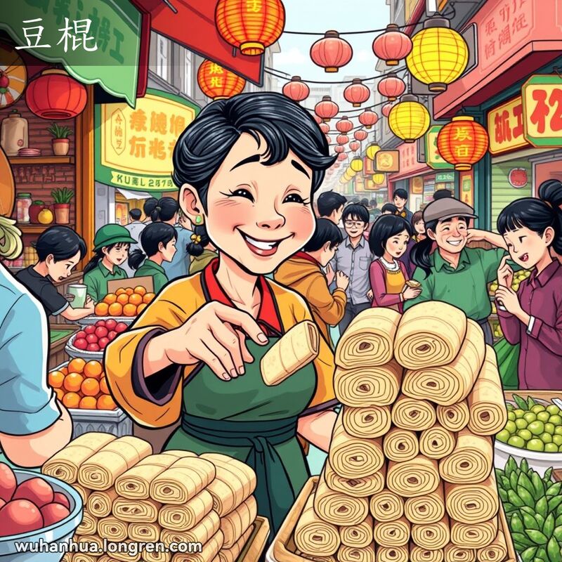 武汉街市摊位上整齐堆放的豆棍，摊主微笑着与顾客互动，背景是热闹的市场场景