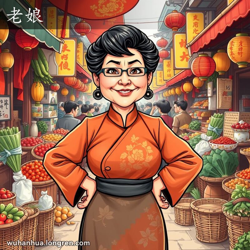 一位中年武汉妇女双手叉腰，自信满满地站在热闹的本地市场中，背景有摊贩和传统小吃。