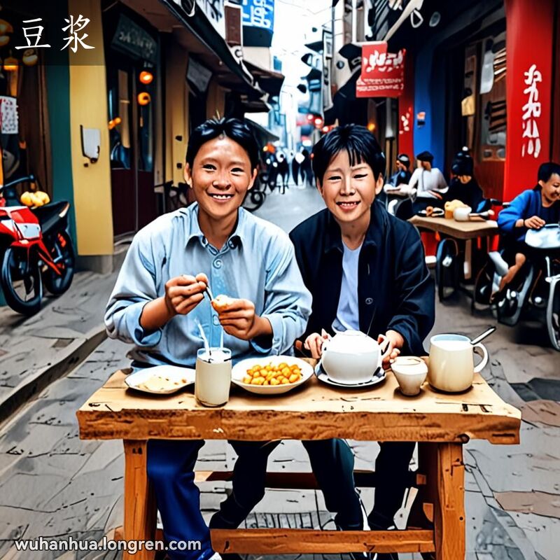一位武汉市民在街边享受早餐，喝着豆浆，背景是繁忙的武汉街道