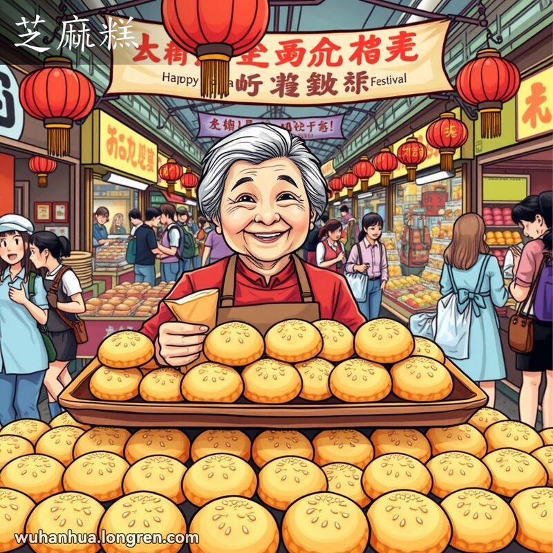 武汉传统市场，老妇人在摊位后售卖芝麻糕，背景是热闹的市场和端午节横幅