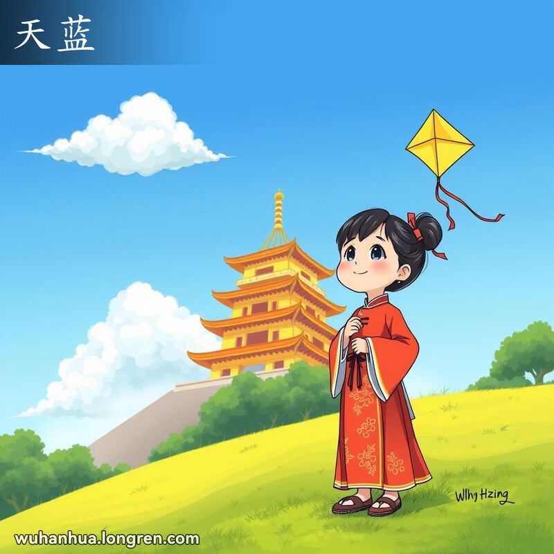 晴朗的蓝天，小女孩在绿色小山上放风筝，背景是武汉的黄鹤楼