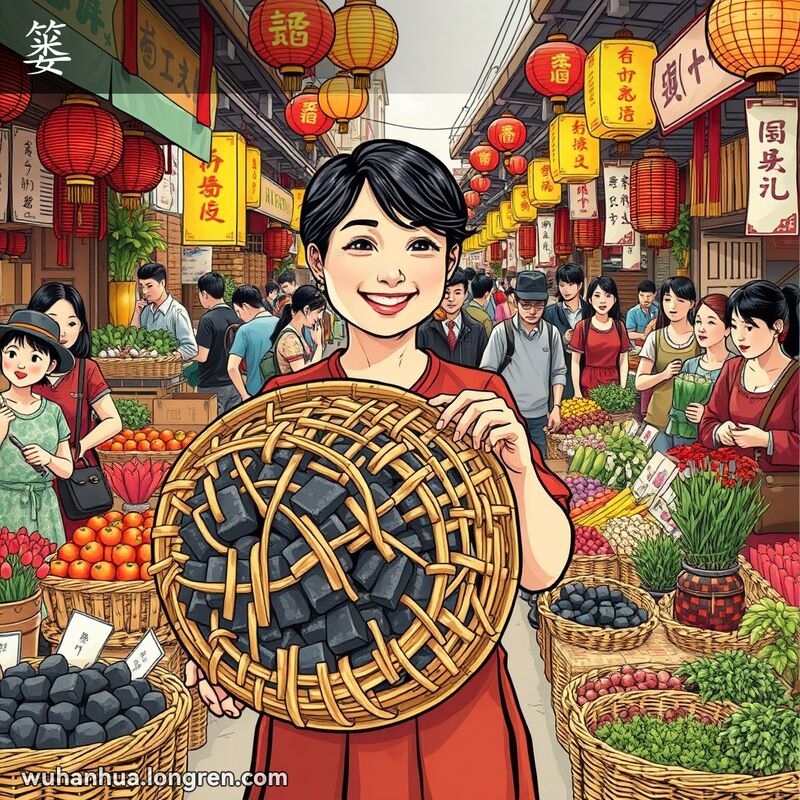 武汉传统市场中，女摊贩手持大竹篓展示木炭，背景有其他摊贩和顾客。