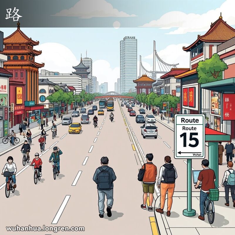 武汉市的一条繁忙街道，街道两旁有高楼大厦和传统中式建筑，道路上有明显的车道和人行横道标志。画面前景中，一群人在公交车站等车，站牌上显示着“15路”的标志。背景中还有武汉的地标性建筑如黄鹤楼和长江大桥。