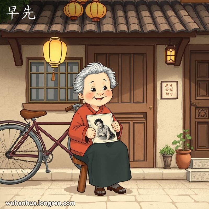 一位老奶奶坐在老武汉的传统房屋前，手持老照片回忆过去，背景有老式自行车和灯笼