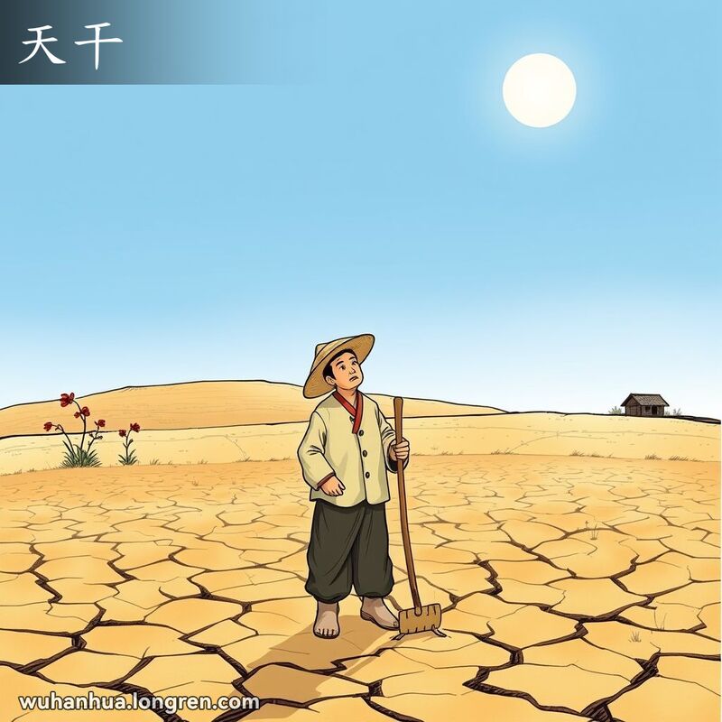 一位农民站在干旱的田地中，仰望天空，手持锄头，神情忧虑，背景有枯萎植物和小茅屋。