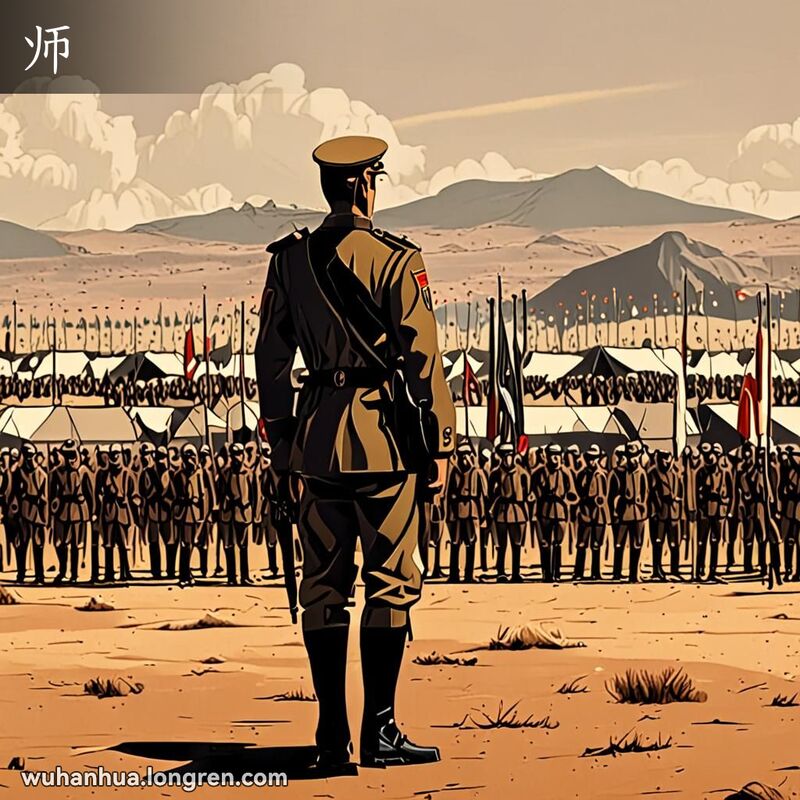 一群士兵在野外列队站立，每个单位代表一个“师”，指挥官在前景发布命令，背景有军用帐篷和车辆