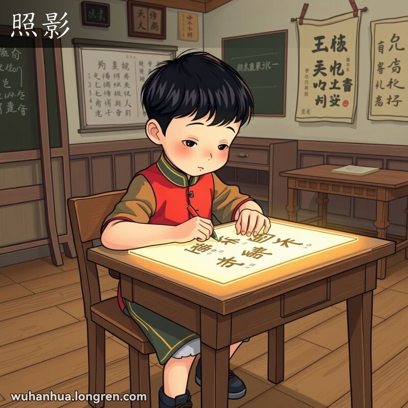 一位学生在老式教室里用影格练习写字，背景有木地板和黑板