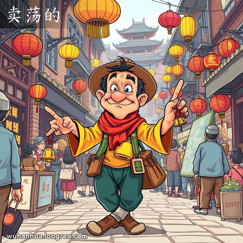 一位江湖卖艺人在武汉老街上手持铃铛和小饰品，表情狡黠，背景是热闹的街市