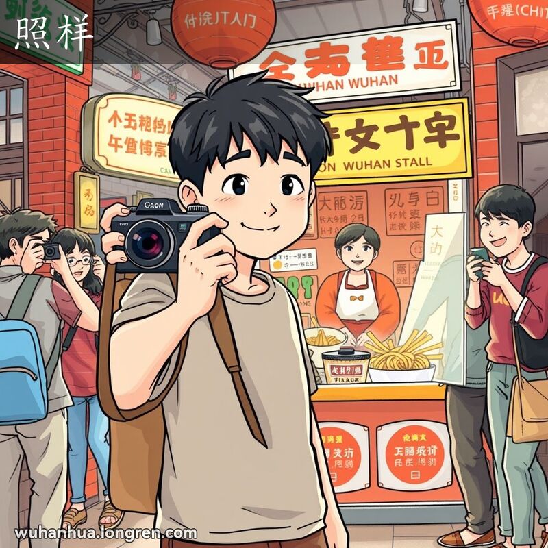一位年轻人在武汉街头市场拍摄小吃摊，背景中其他人也在模仿拍照，展现了“照样”的意思。