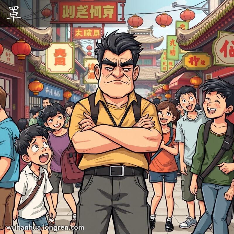 一位严肃的男子在武汉街头市场中监视一群嬉闹的年轻人，背景是热闹的市场景象。