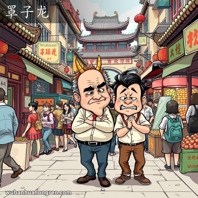 武汉街头市场，一位市民被夸张的神龙形象挡住去路，表情恼火，背景是热闹的市场景象