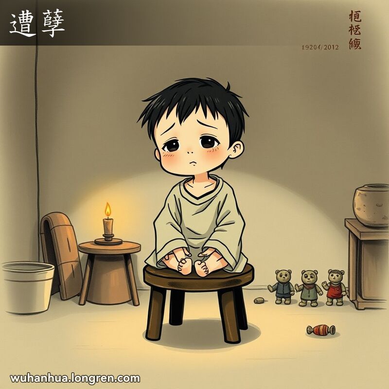 一个小孩独自坐在昏暗的房间里，神情悲伤无助，眼中含泪，背景有微弱的烛光和破旧的玩具