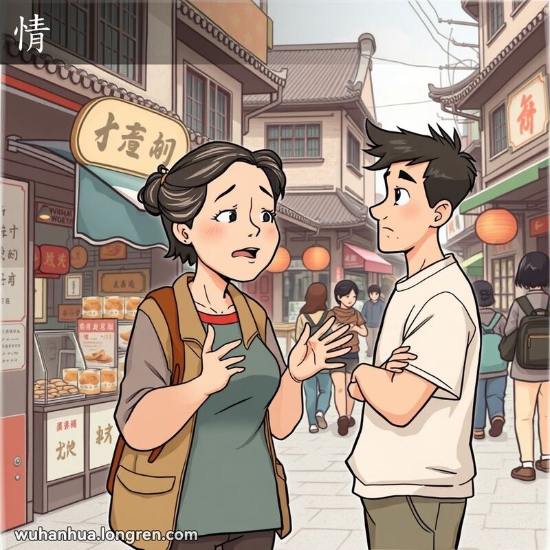 一位中年妇女在武汉老街小店前与年轻男子交谈，表情温和，背景有小贩和行人