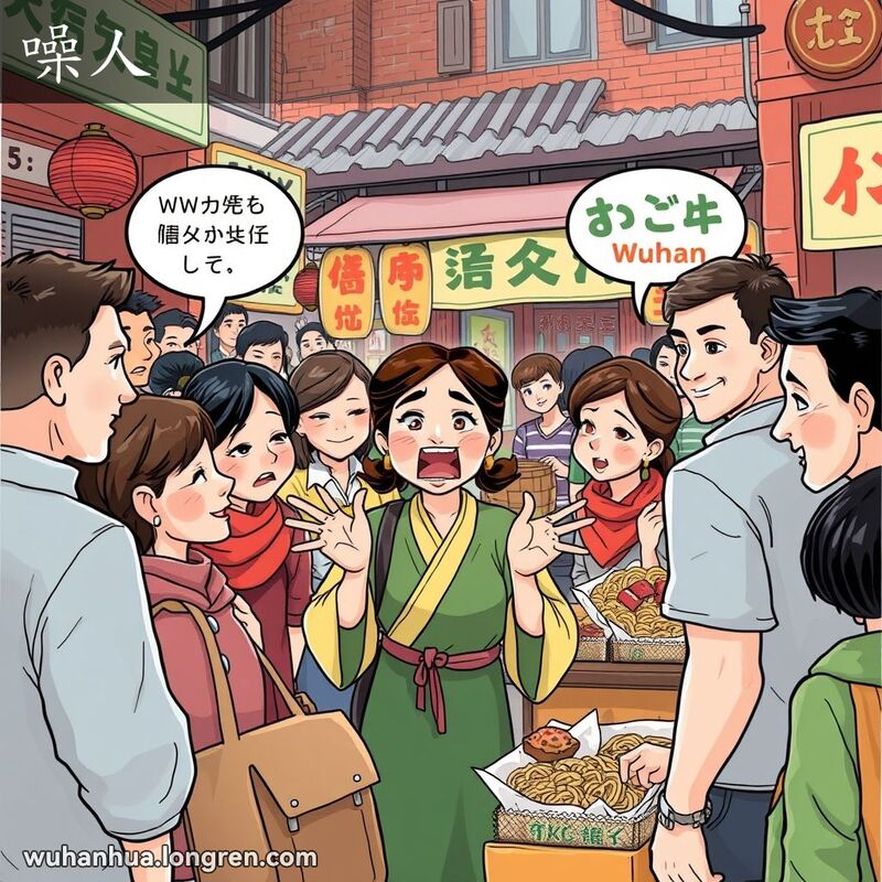 武汉市场中，一位女子大声与摊贩讨价还价，引起周围人注意，背景是热闹的市场和老街景