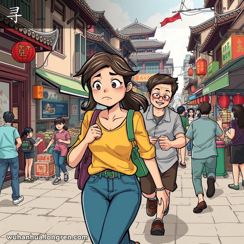 一位年轻女子在武汉街头快步行走，身后一位男子拉扯她的衣袖，女子显得不耐烦，背景是武汉的传统街景。