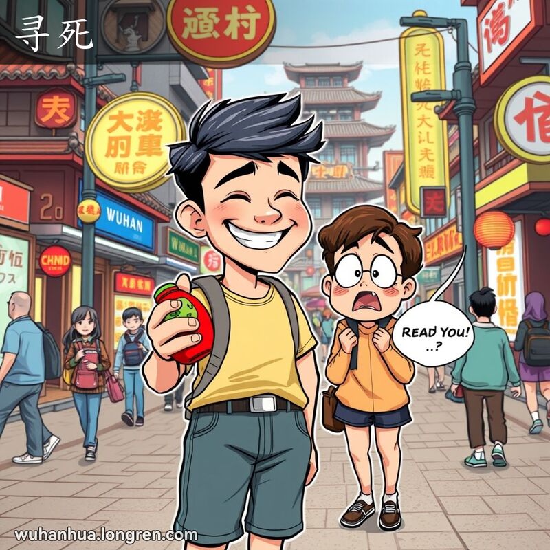 一位武汉市民在街角用假炸弹玩具吓唬朋友，朋友表情惊恐，背景是繁忙的武汉街景