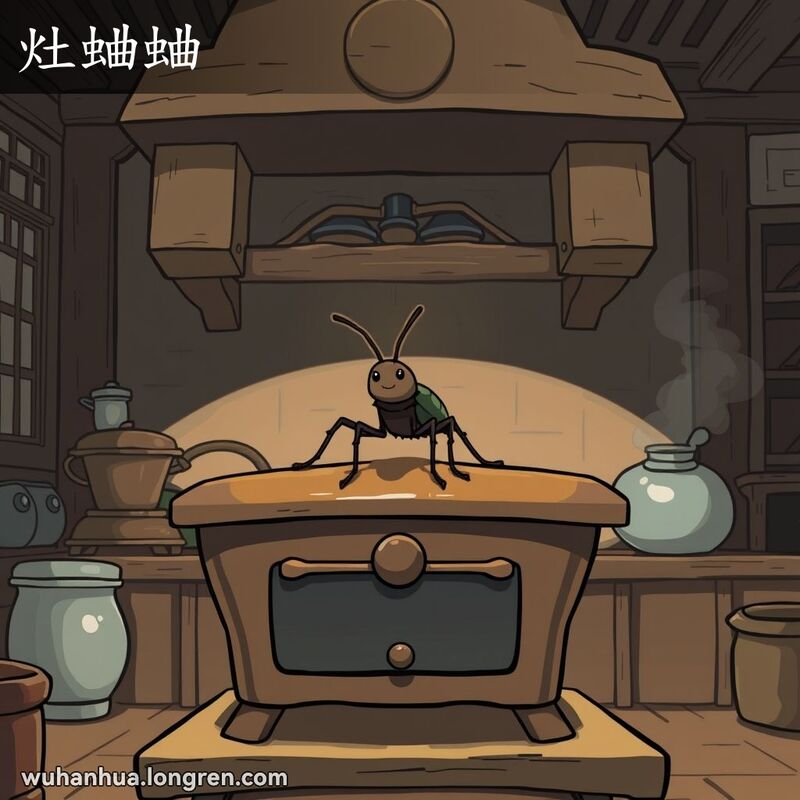 传统武汉厨房中，灶台上有一只小型深色昆虫灶蛐蛐，准备跳跃的姿态生动形象，背景昏暗神秘。