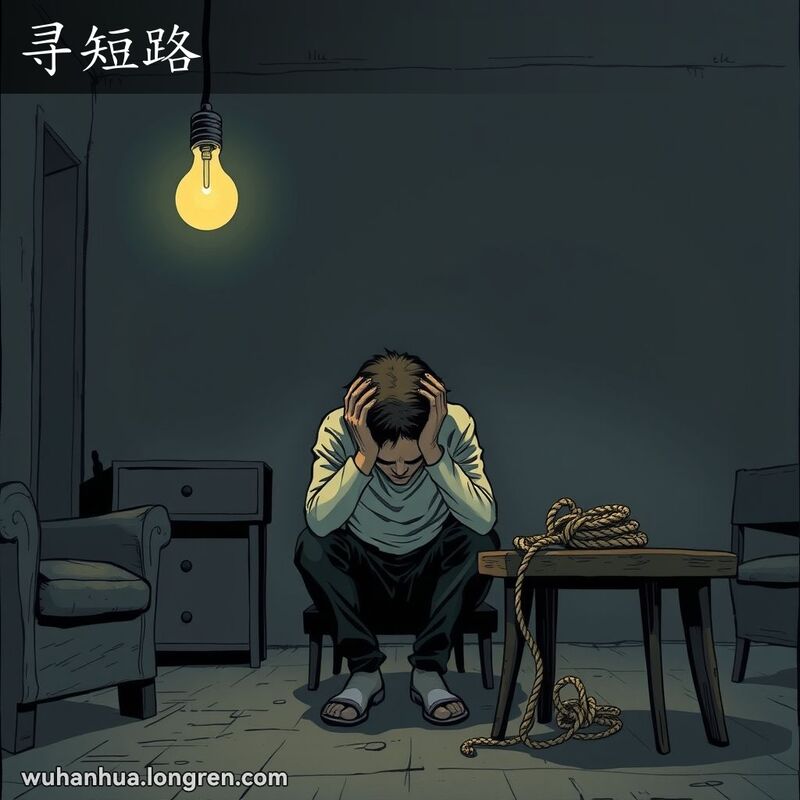 一个人独自坐在昏暗的房间里，头低垂，双手捂住脸，桌子上放着一根绳子，象征着他正在考虑采取极端行动，背景是简陋的房间。