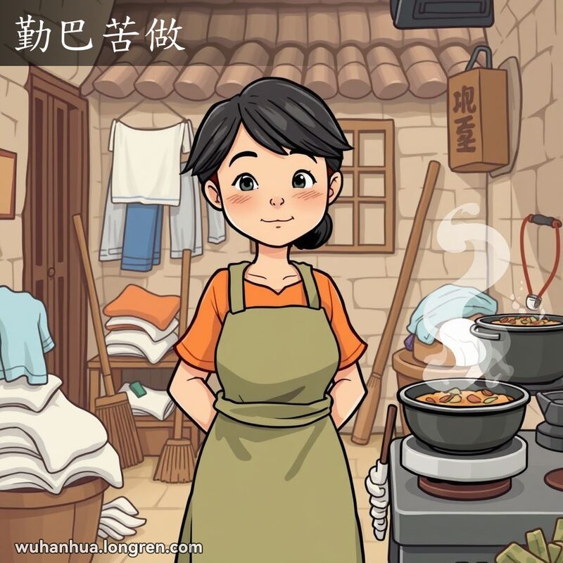 一位武汉妇女在庭院中忙碌，背景有洗好的衣物、扫帚和冒热气的锅，表现“勤巴苦做”的场景