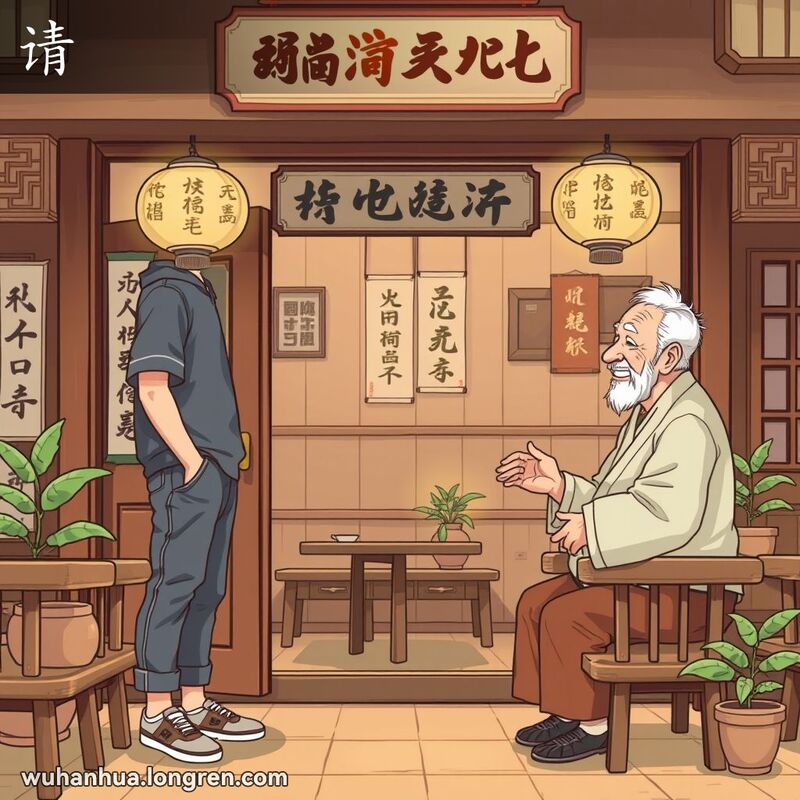 一位年轻人在武汉茶馆门口礼貌地邀请老人进入，背景有传统中国装饰。