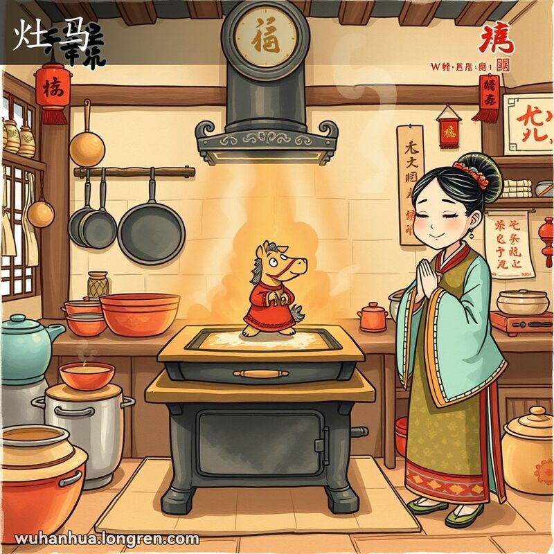 一位武汉妇女在传统厨房里，双手合十，虔诚地望着灶台上的灶马雕像，背景是传统中国厨房用具和装饰。