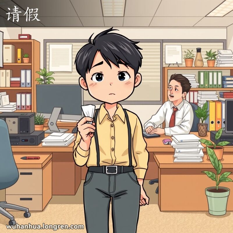 一位年轻的武汉办公室职员站在老板的办公桌前，手持纸巾和体温计，表情略显担忧，表示他们因病请假。