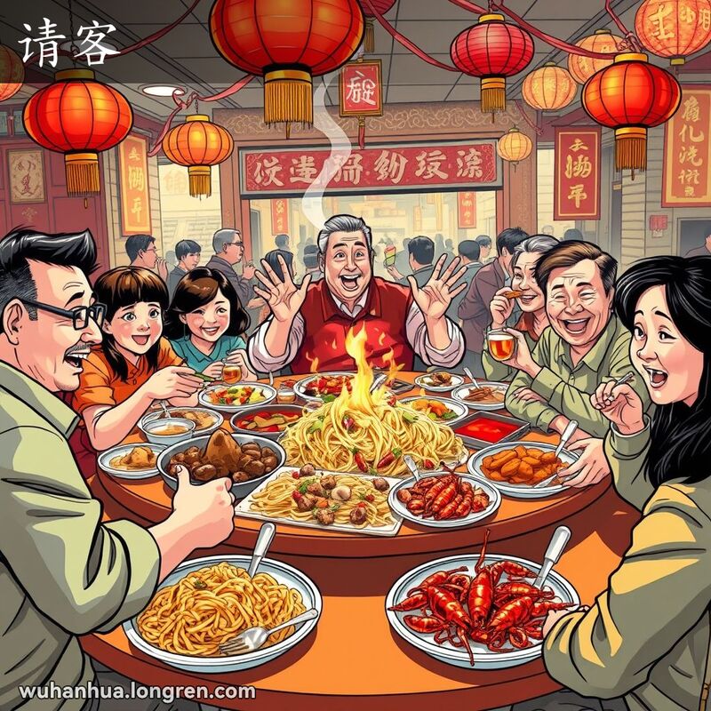 一群朋友在武汉餐馆围坐，主人微笑招呼大家享用美食，背景是传统中国装饰和热闹的用餐氛围