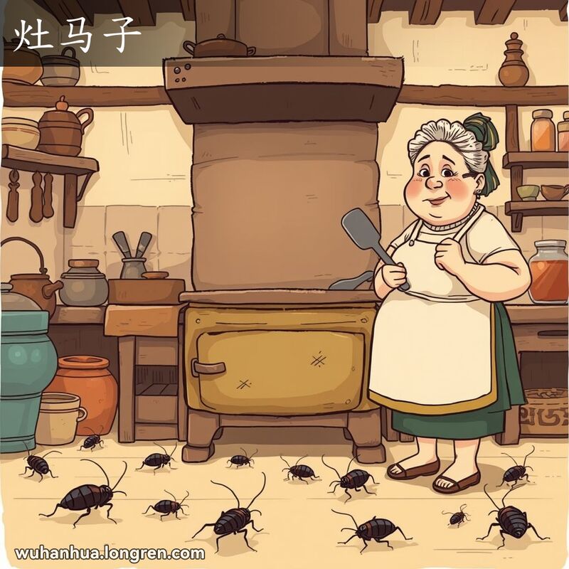 一位中年妇女在传统武汉厨房中忙碌，周围有蟑螂爬行，背景是温馨的家庭氛围